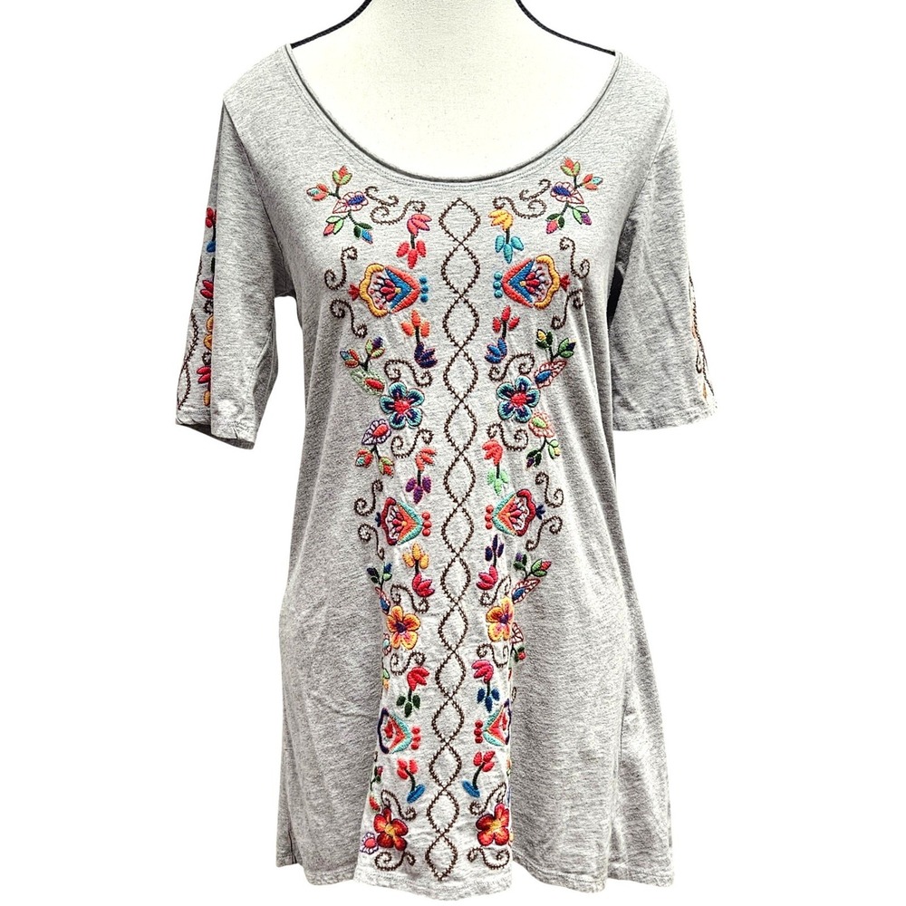 JW Los Angeles Tunic Top Womens Small Gray Floral Embroidered Cotton Boho Hippie